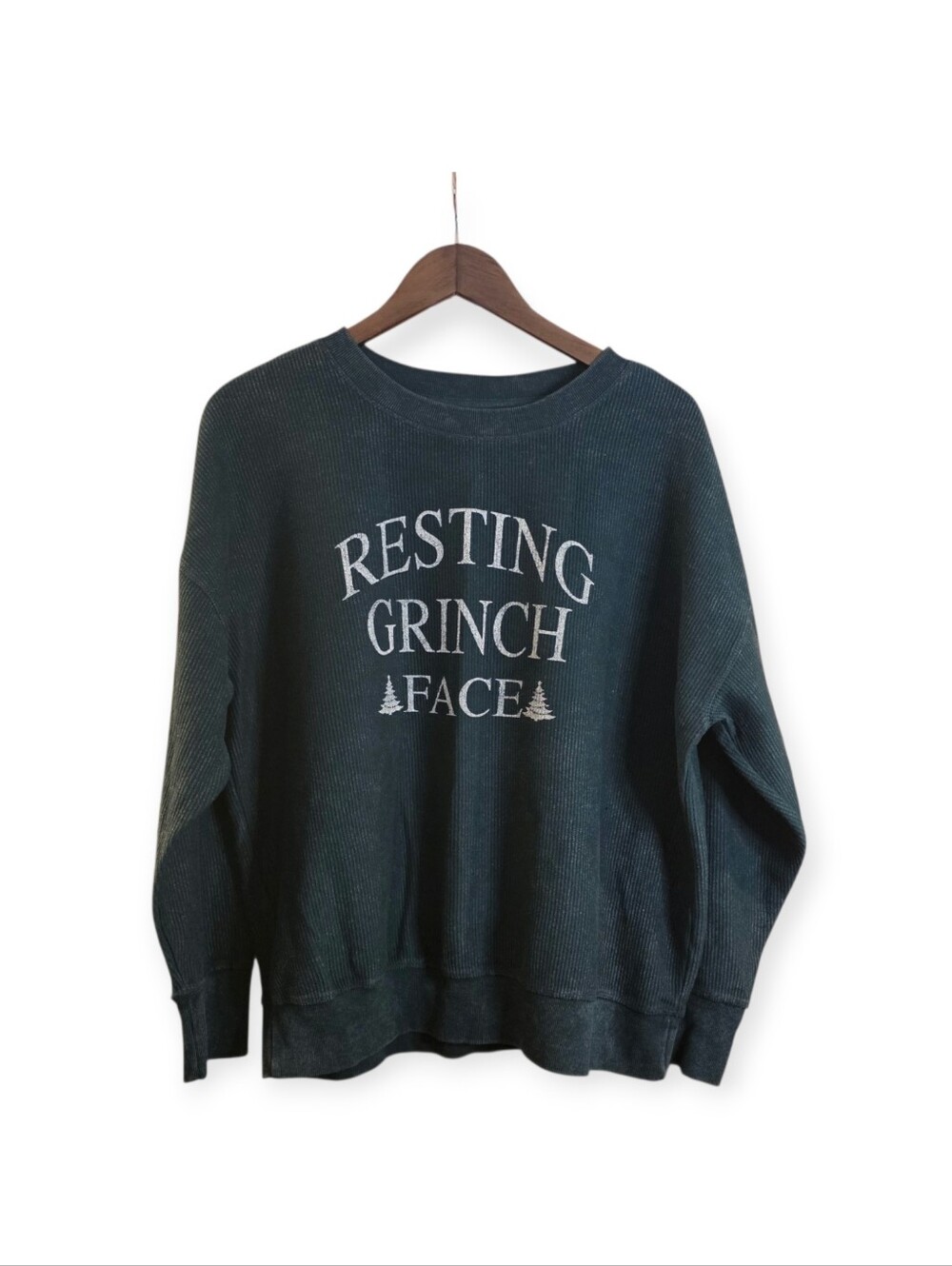 Maurices Oversized Resting Grinch Face Dark Green Thermal Christmas Sweatshirt M - Picture 2 of 5